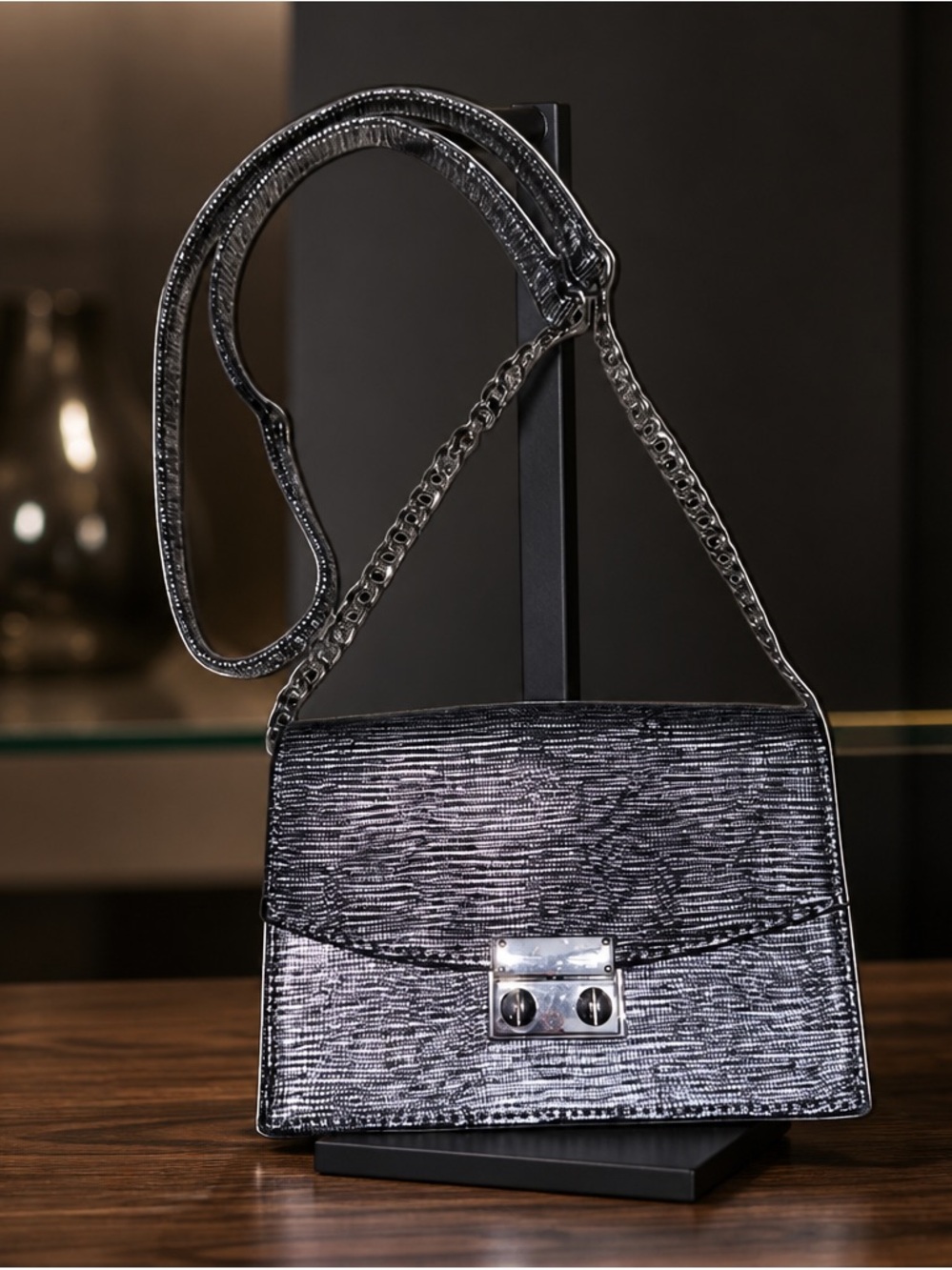 Express Metallic Silver Textured Push-Lock Crossbody Bag